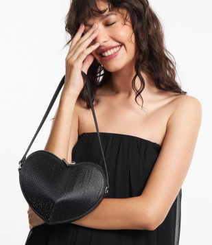 Bolsa Shoulder Com Formato De Coração Brilhoso Preto