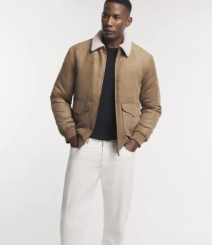 Jaqueta Em Suede Com Sherpa Na Gola Bege