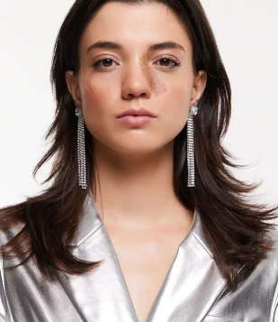 Maxi Brinco Com Franja De Malha De Strass Cinza