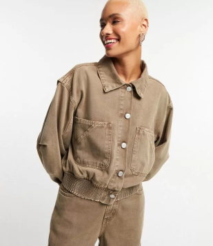 Jaqueta Bomber Em Sarja Com Bolsos E Elástico Na Barra Marrom