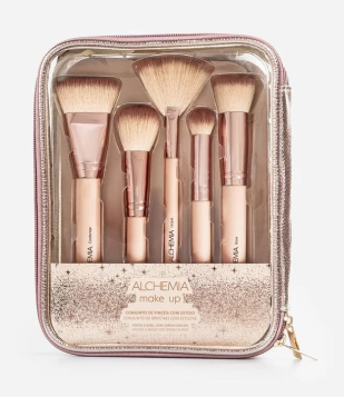 Kit Com 05 Pincéis Para Maquiagem Com Necessáire Alchemia Rose Gold