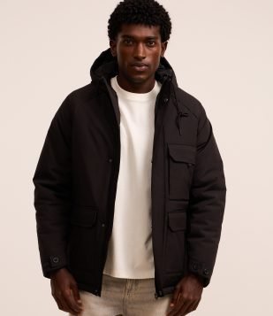 Jaqueta Parka em Poliamida com Capuz e Bolsos de Lapela Preto