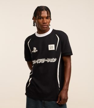 Camiseta Comfort em Algodão com Estampa Play Station Preto