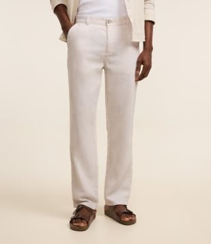 Calça Reta em Linho de Alfaiataria Bege