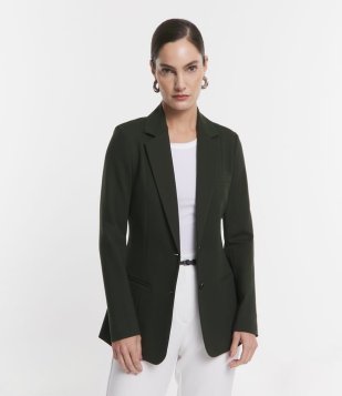 Blazer Alongado em Ponto Roma com Bolsos Embutidos Verde Musgo