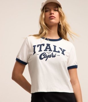Blusa Cropped em Algodão com Lettering Italy Capri Branco