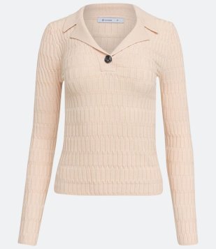 Blusa Em Tricô Texturizada Com Gola Polo Bege Rosado