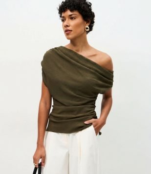 Blusa Ombro a Ombro com Drapeado Verde