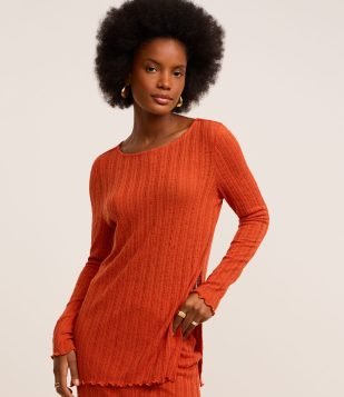 Blusa com Linho e Malha de Textura Canelada Laranja