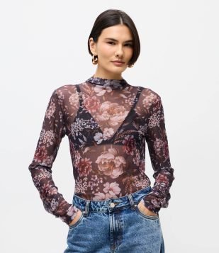 Blusa de Tule Floral Manga Longa Roxo
