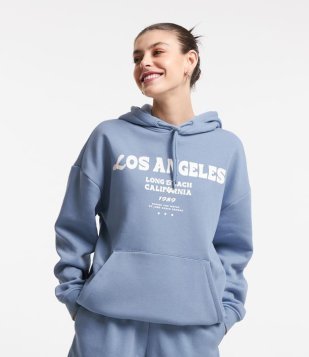 Blusão Overtop em Moletom com Forro Fleece e Estampa Los Angeles Azul