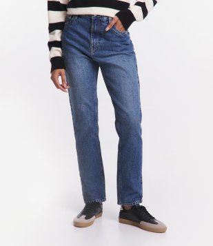 Calça Reta Em Jeans Com Cintura Alta E Bolsos Azul Médio