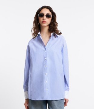 Camisa Em Tricoline Com Listras E Gola E Punhos Contrastantes Azul
