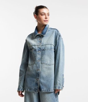 Camisa Overshirt Manga Longa Em Jeans Dirty Washed Azul Estonado