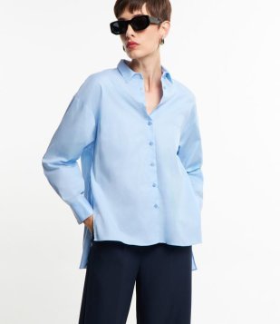 Camisa Oversized Em Tricoline Com Fendas Laterais Azul