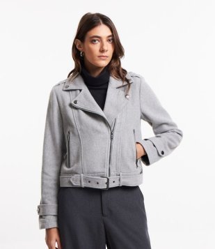 Jaqueta Biker Em Polivelour Com Cinto Na Cintura Cinza