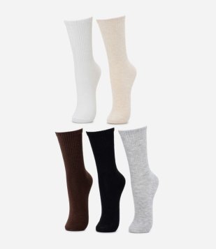 Kit 05 Meias Cano Alto Texturizadas Sem Costura Branco/Bege/Marrom/Preto/Cinza