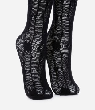 Meia Calça em Poliamida com Renda Floral Preto