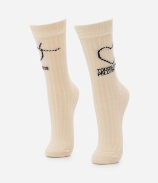 Meia Cano Alto em Algodão e Estampa Coração Todos Unidos Pelo RS Bege