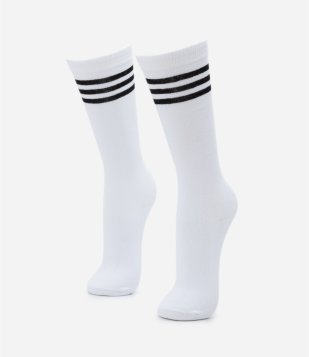 Meia 3/4 Sem Costura com Estampa de Listras Branco