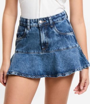 Mini Saia em Jeans com Pala Larga e Babado na Barra Azul