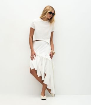 Saia Assimétrica em Viscose com Babados Branco