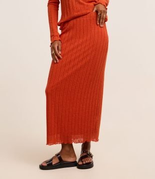 Saia Longa com Linho e Textura Canelada com Vazados Laranja