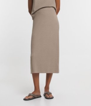Saia Midi Em Viscose Com Fenda Nas Costas E Texturas Bege