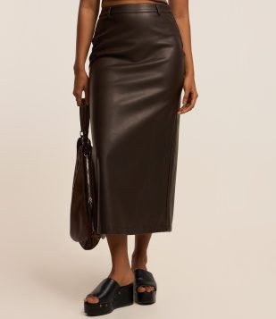 Saia Midi em Pu com Fenda Marrom