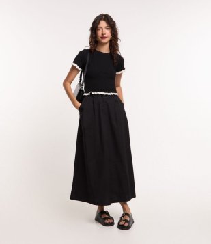 Saia New Midi Em Tricoline Com Cós Largo Preto