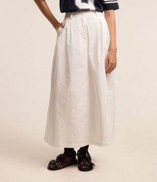 Saia New Midi em Tricoline com Cós Largo e Pregas Branco