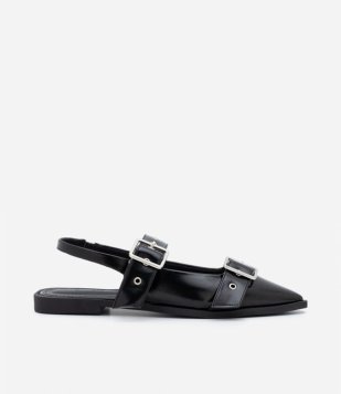 Sapatilha Slingback Com Bico Fino E Fivelas Preto