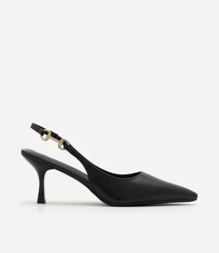 Sapato Slingback com Aviamento Lateral Preto
