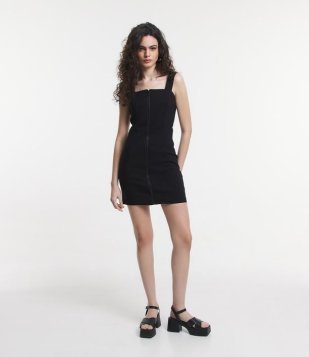 Vestido Curto em Bengaline com Zíper Frontal Preto