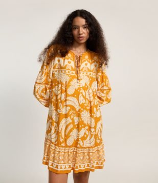 Vestido Manga Bufante em Viscose Twill com Estampa Topical Laranja