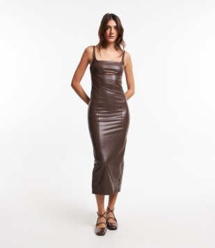 Vestido New Midi Em Pu Com Recorte Vazado E Fenda Marrom
