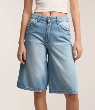 Bermuda Jorts Baggy em Jeans com Lavagem Destroyer Azul