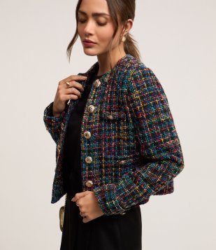 Blazer Curto em Tweed com Botões Brasão Preto
