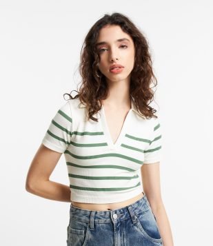 Blusa Cropped Canelada Seamless com Listras Branco