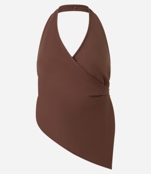 Blusa Frente Única Transpassada com Ponta Assimétrica Marrom