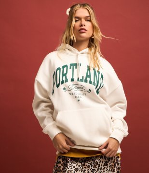 Blusão Overtop em Moletom com Forro Fleece e Estampa Portland Branco