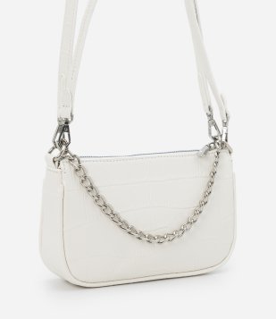 Bolsa Baguete com Alça de Corrente e Textura Croco Off White