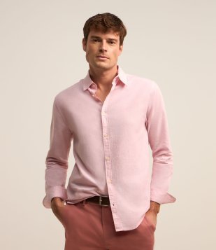 Camisa Comfort Básica em Linho com Gola Colarinho Rosa Claro
