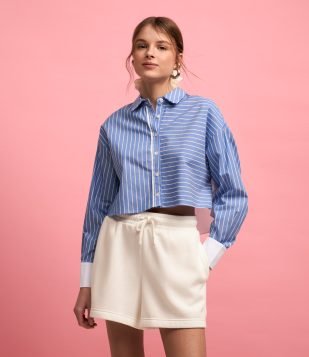 Camisa Cropped em Tricoline com Estampa Listras Azul/ Branco
