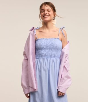 Camisa em Tricoline com Estampa Listrada em Fio Tinto Rosa/ Azul/ Branco