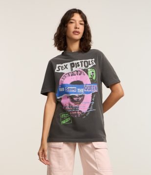 Camiseta Alongada em Algodão com Estampa Sex Pistols Cinza