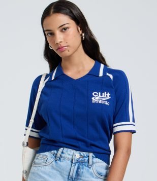 Camiseta Polo Esportiva em Tricô com Punho Listrado Azul