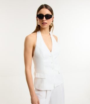 Colete Frente Única em Crepe com Abotoamento Frontal Branco