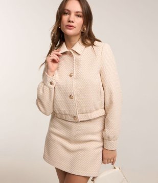 Jaqueta Bomber em Tweed com Fechamento em Botão Brasão Pessêgo