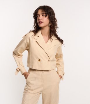 Jaqueta Cropped em Sarja Trench Coat Bege